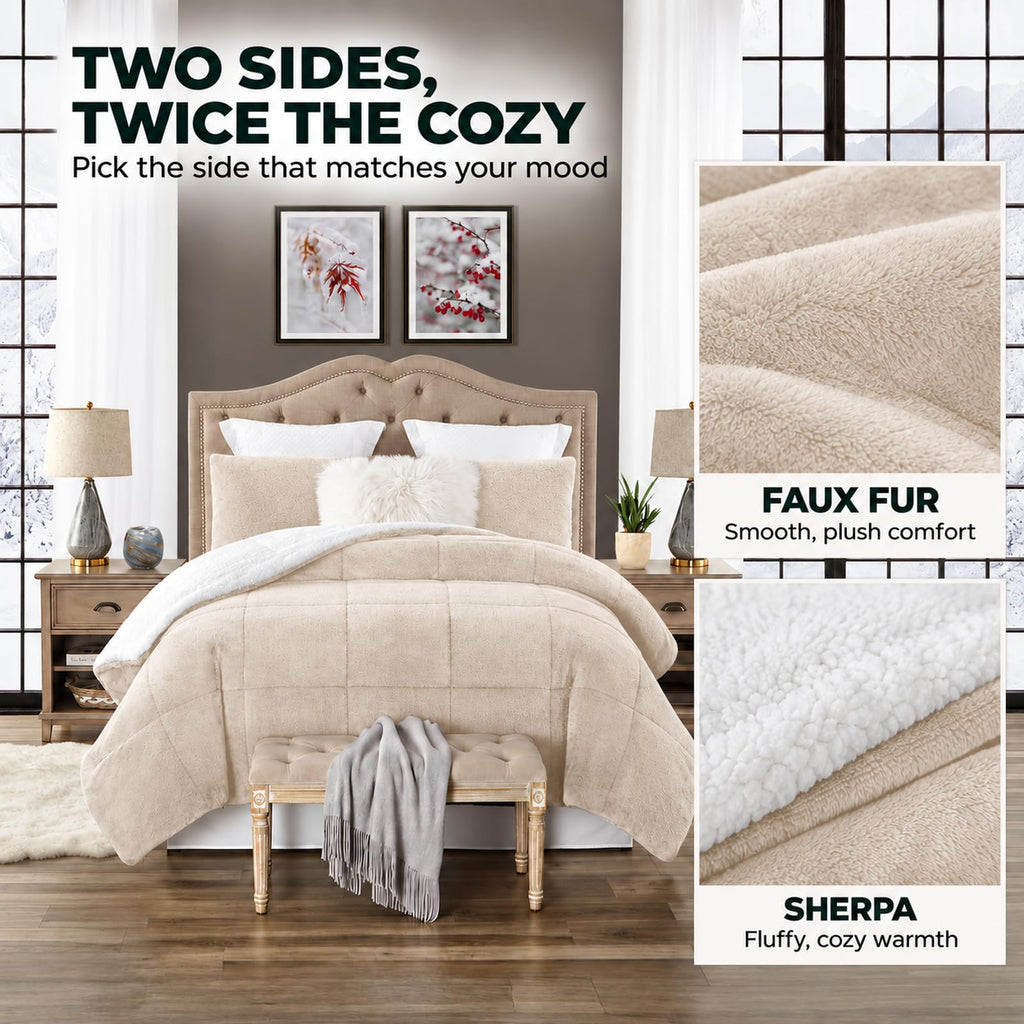 Comforter Set, Faux Fur Sherpa, Coconut Milk