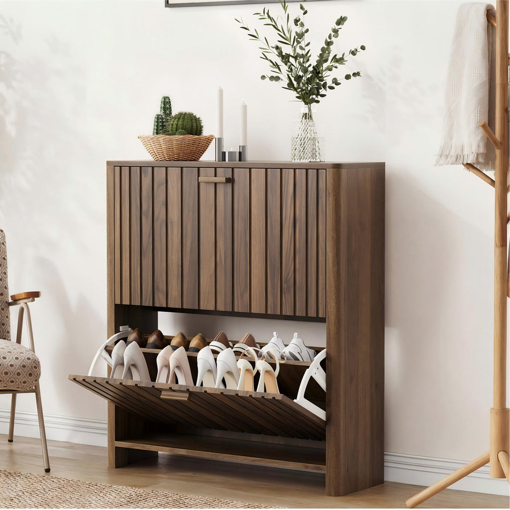 Shoe Storage, Walnut Gradient Fluted Hidden Cabinet with Metal Legs, Organizer with Flip Doors, Slim Entryway Storage