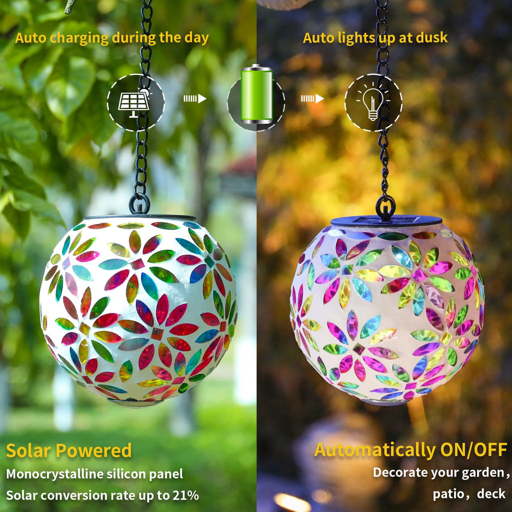 Hanging Solar Lanterns, Pink Mosaic Solar Lights Garden Decor