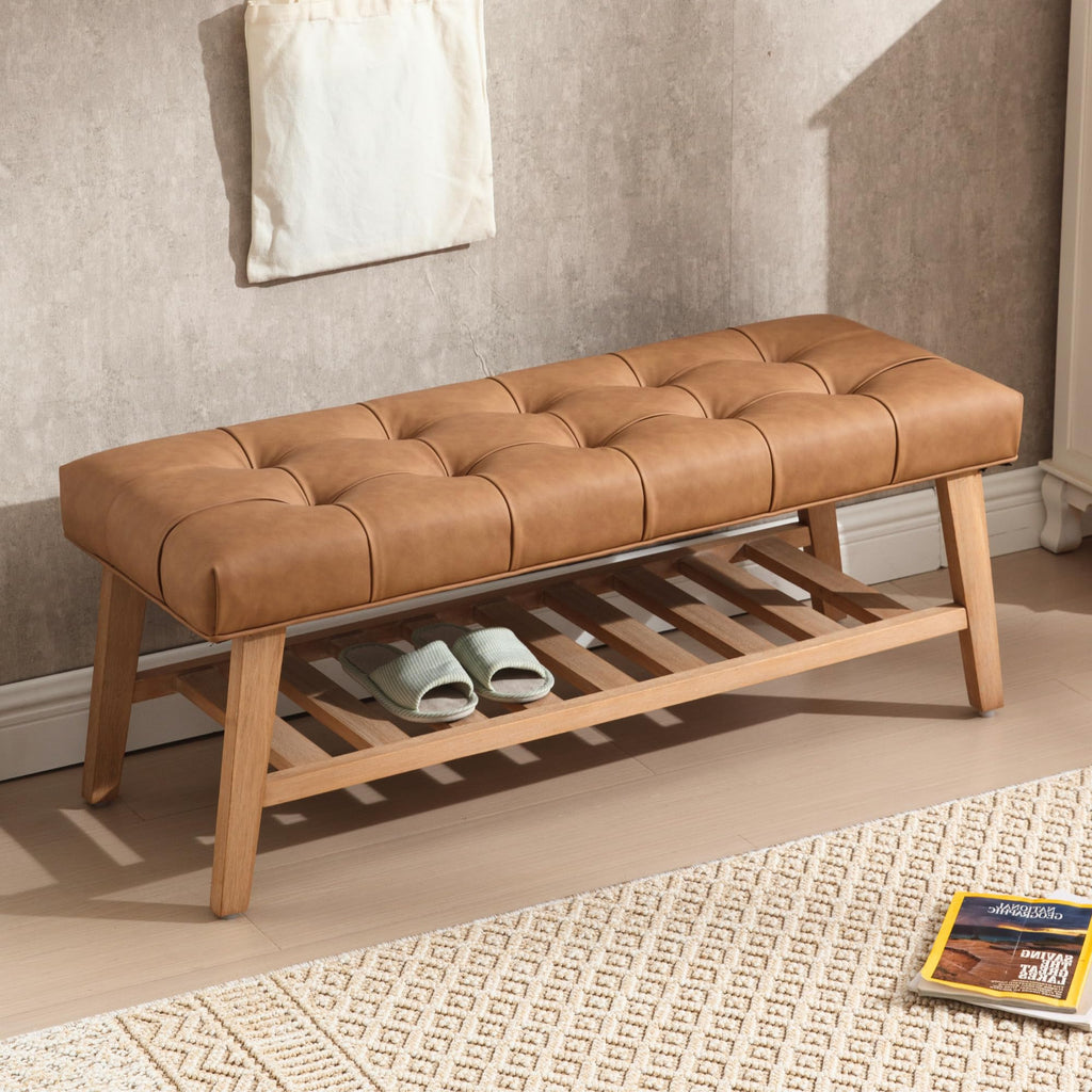 Entryway Shoe Bench Storage Benches with Upholstered Button Tufted Seat and Open Slatted Shelf PU Leather Ottoman