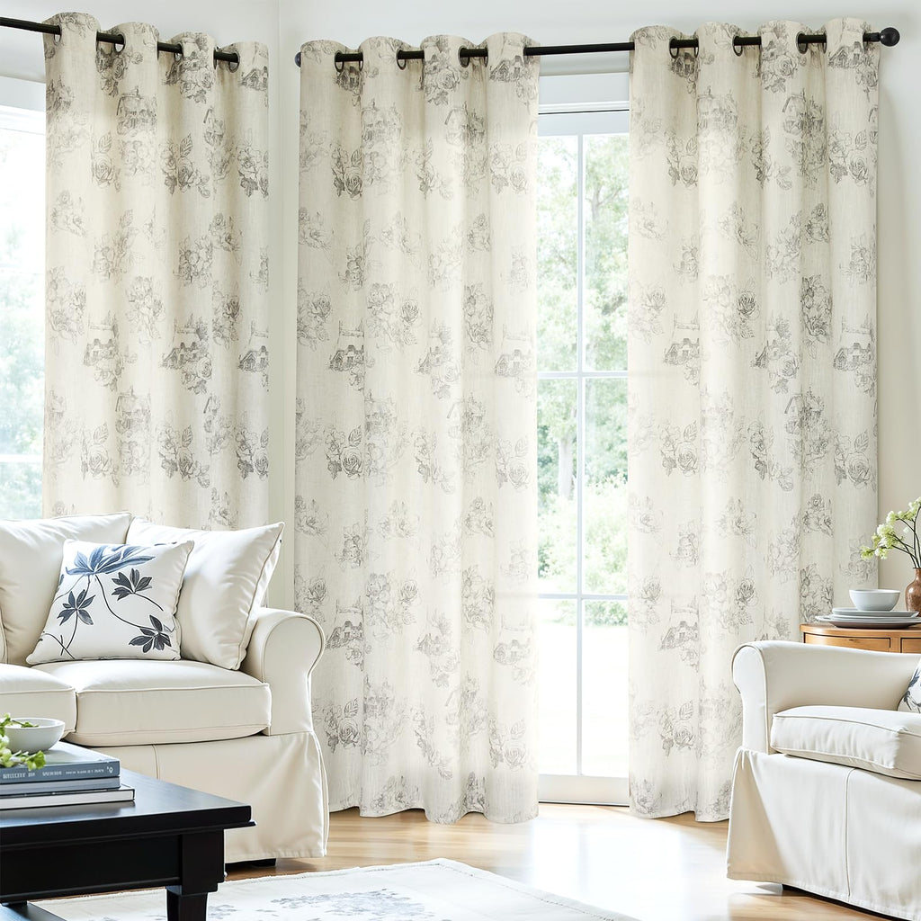 84 Inches Grey Floral Linen Textured Curtains