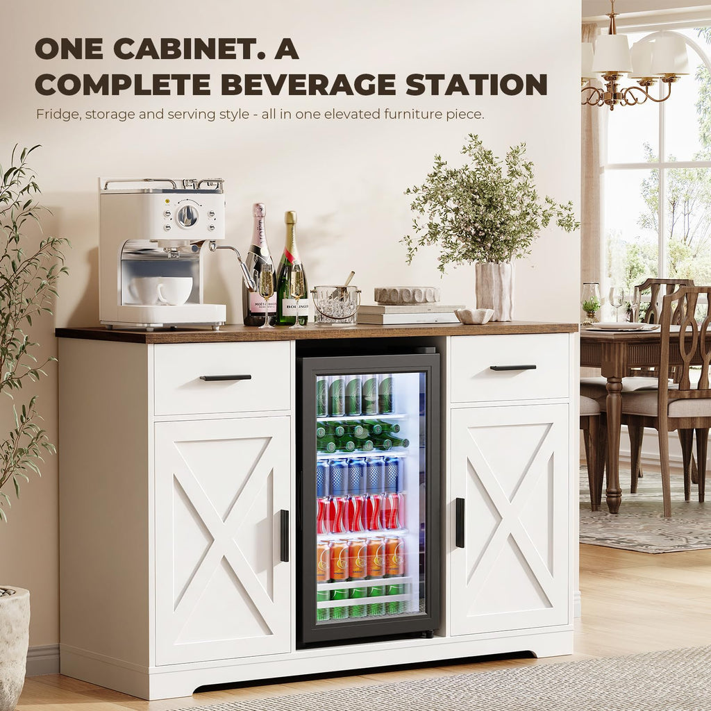 47" Farmhouse Coffee Bar Cabinet with Fridge Included, White