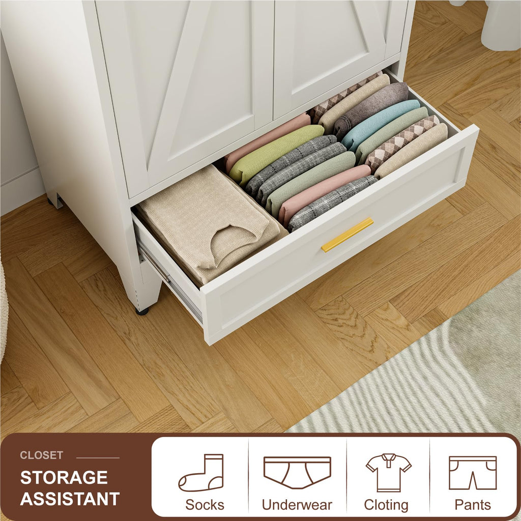 71" Metal Armoire Wardrobe Closet with Hanging Rod, White-X 1 Drawer