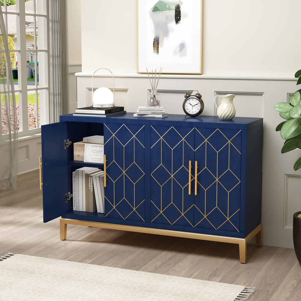 Accent Cabinet with 4 Doors, Modern Credenza Storage Cabinet, Carved Decorative Buffet Sideboard, and Hallway, Blue