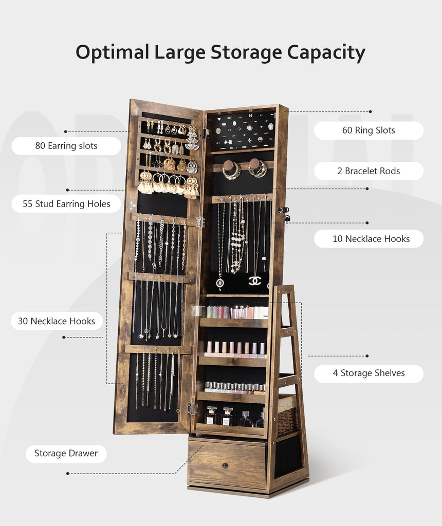 360° Swivel Jewelry Cabinet, Full Length Mirror, Lockable