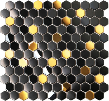 Black and Gold Backsplash Wall Hexagon Mosaic Shower Floor Tile Kitchen Bathroom Tile (Box of 5 Sheets)