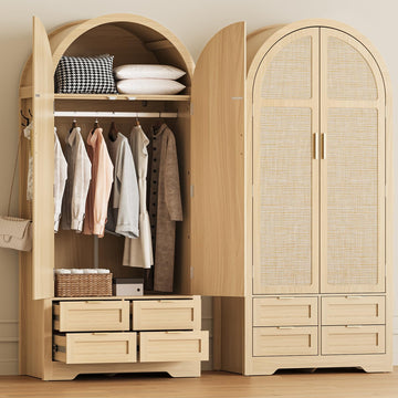 Armoire Wardrobe Closet with 4 Drawers - 2 Wood Bedroom Armoires and Wardrobes with Rattan Doors for Hanging Clothes