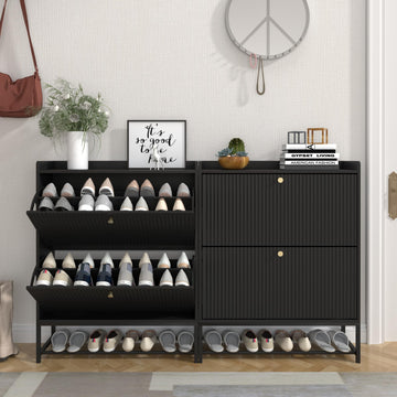 Set of 2 Fluted Shoe Cabinets with 2 Flip Drawers, Narrow Wood Shoe Cabinet with Fluted Panel, Freestanding Hidden