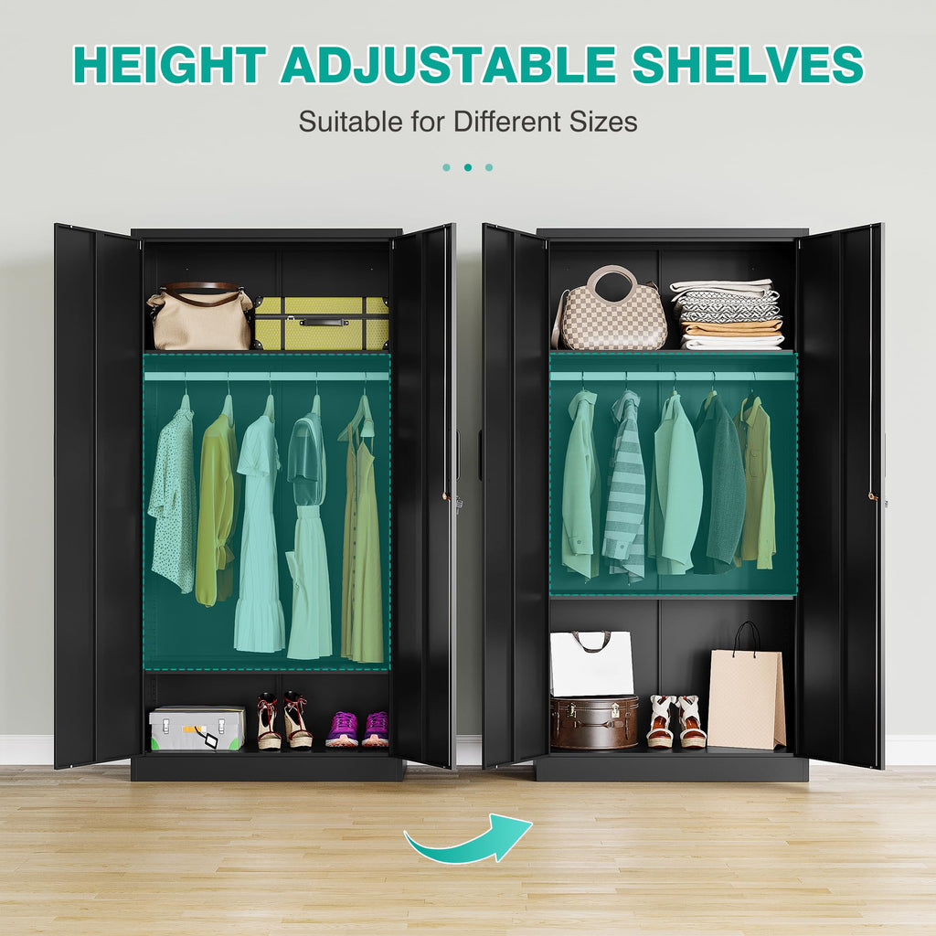 Metal Wardrobe Cabinet with Hanging Rod & Lock, Black Armoire Wardrobe Closet, Metal Clothing Storage Cabinet with
