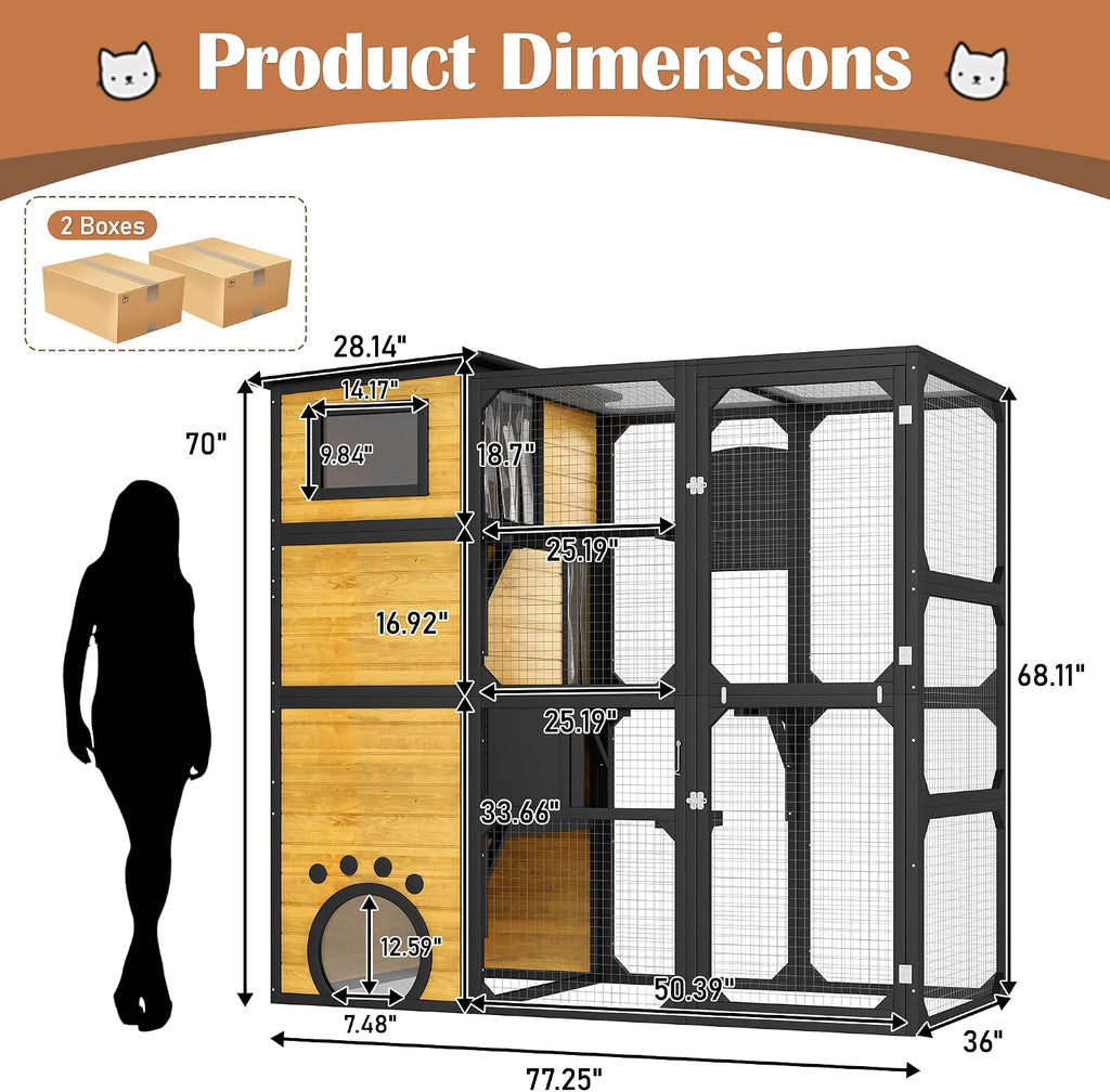 Large Outdoor Wooden Catio Enclosure for 6-10 Cats, Weatherproof PC Roof Cat Cage with 6 Platforms, Climbing Ramp
