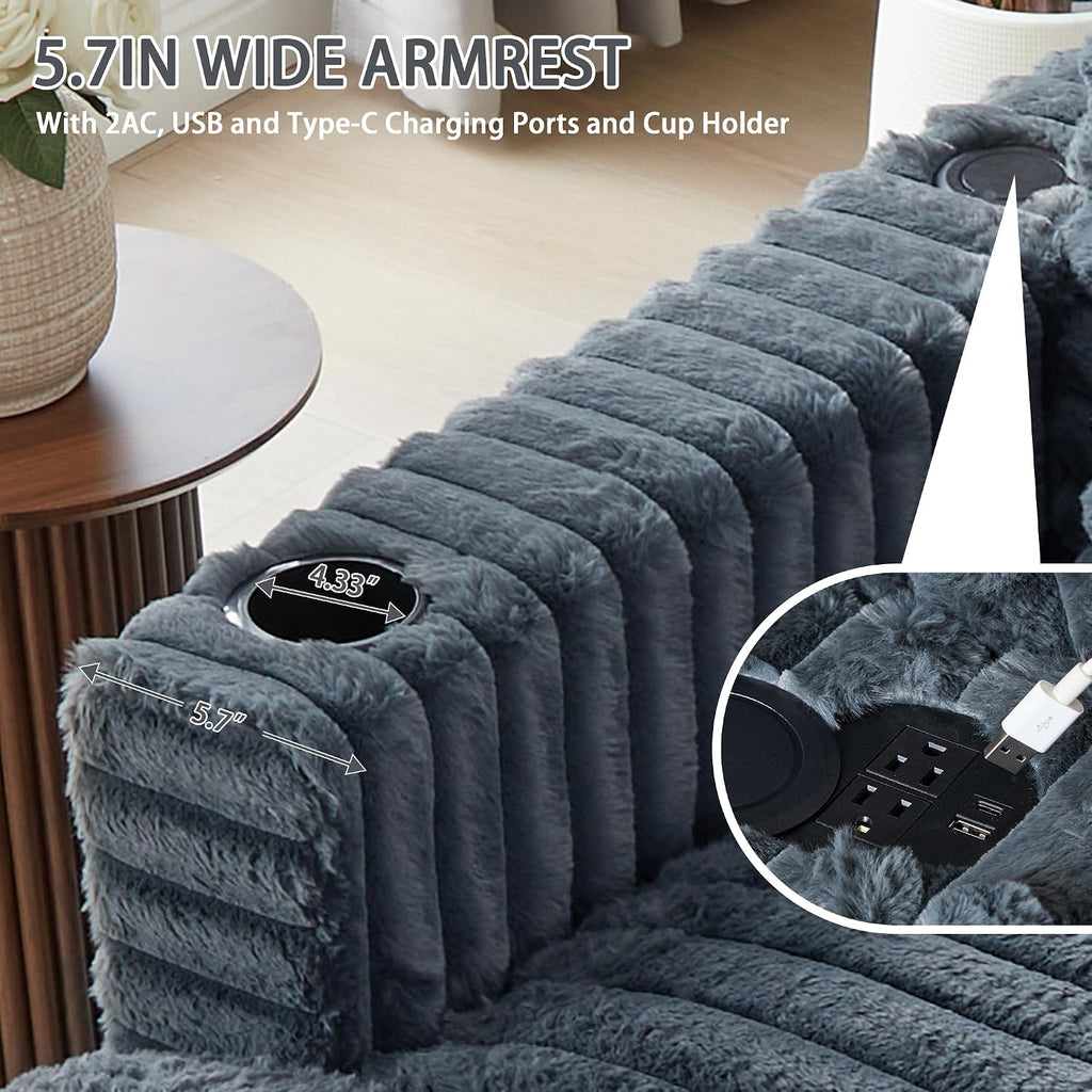 60.43'' Oversized Chaise Lounge Chair Indoor, Grey | Plush Faux Rabbit Fur, Sleeper Sofa Bed with 4 Pillows, Charging