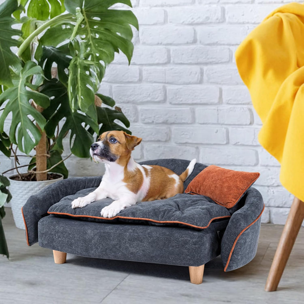 Elevated Small Dog Couch Bed with Bolster Sides, Raised Small Dog Sofa Bed with Headrest Pillow, Velvet Washable