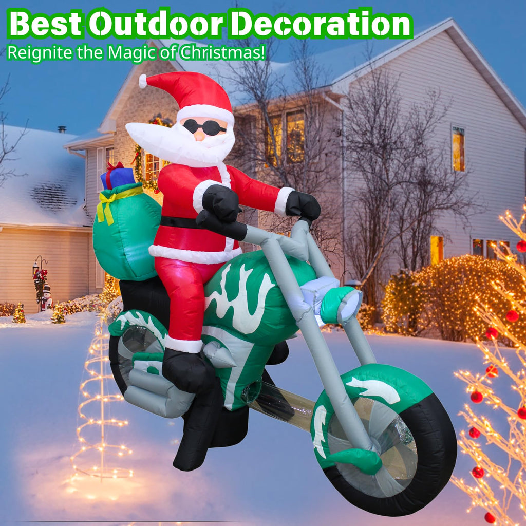 6FT Inflatable Motorcycle with Santa Outdoor Decoration, Christmas Blow Up Yard Decorations, Built-in LED Lights