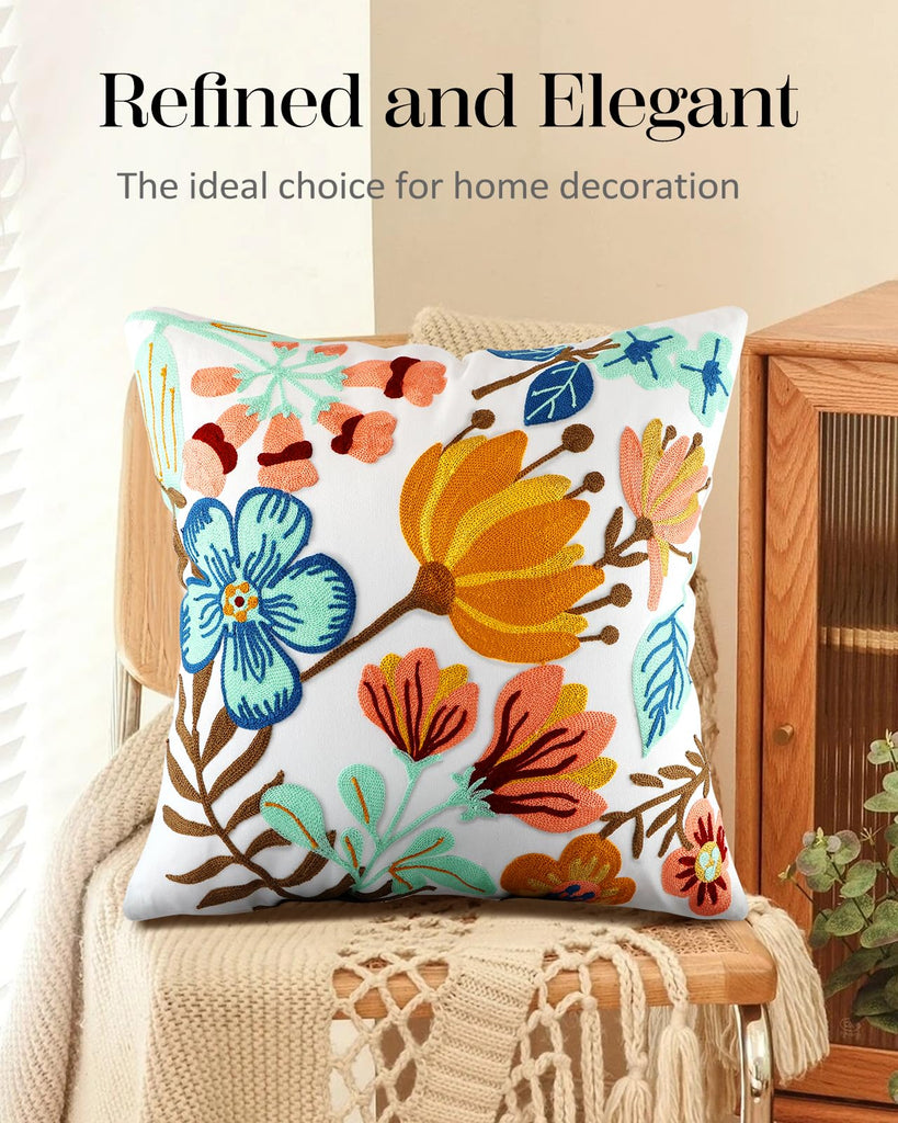Embroidered Throw Pillow Cover, 18x18 Inch, Boho Floral