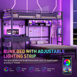 Twin Over Twin Bunk Bed with Desk with 3 Drawers & Storage Shelves, Twin Bunk Bed with Charging Station & LED Lights
