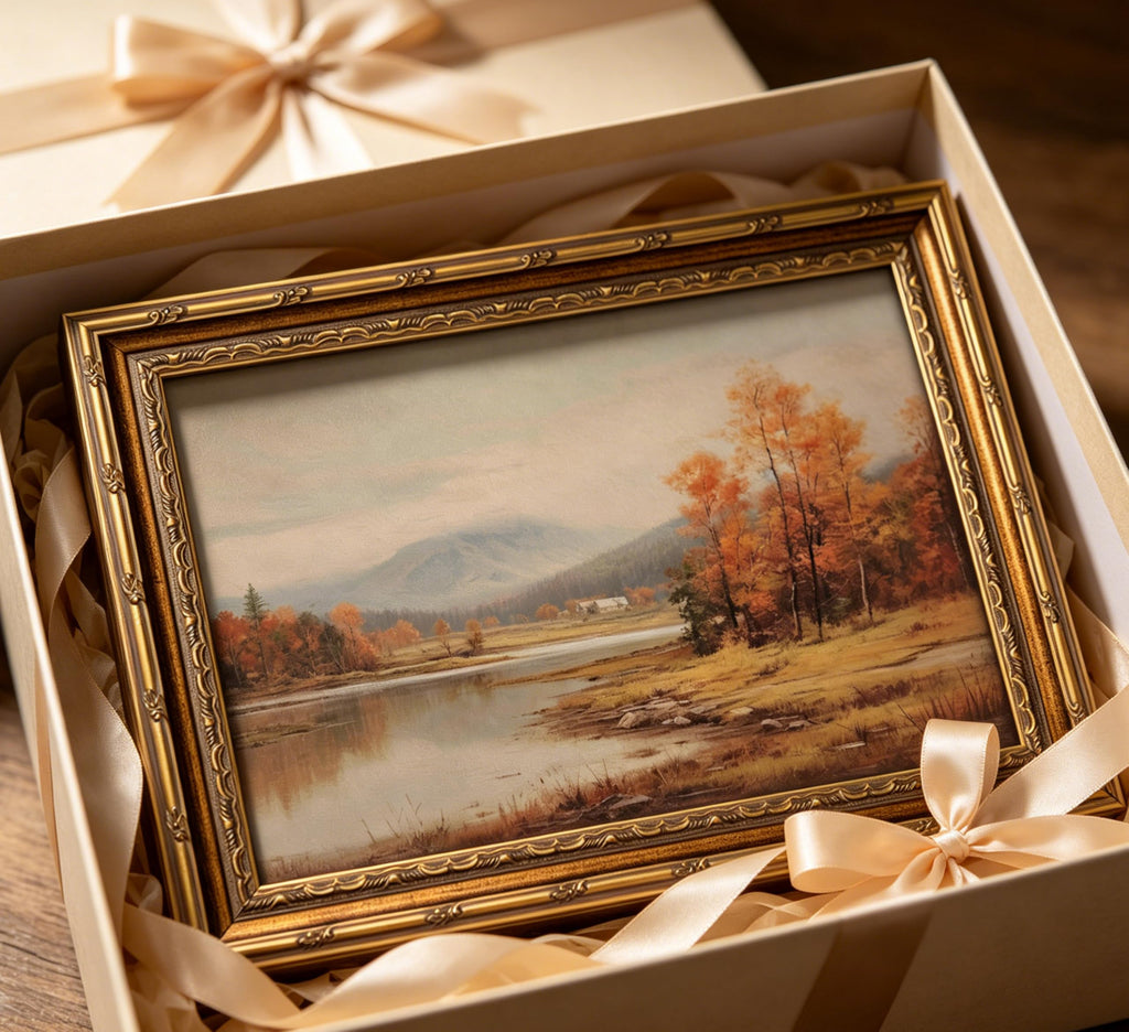 Vintage Gold Framed Fall Landscape Wall Art, Autumn Natural Lake Oil Painting Canvas Prints, Rural Forest Lake
