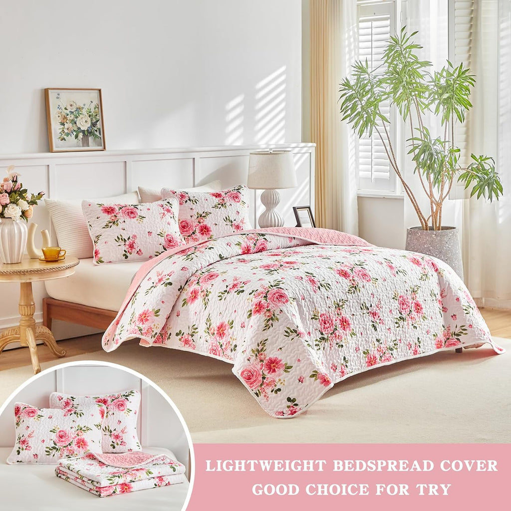 Floral Quilt Set 3 Pieces King White Pink Flower Soft Microfiber Lightweight Summer Reversible Coverlet Bedspread for