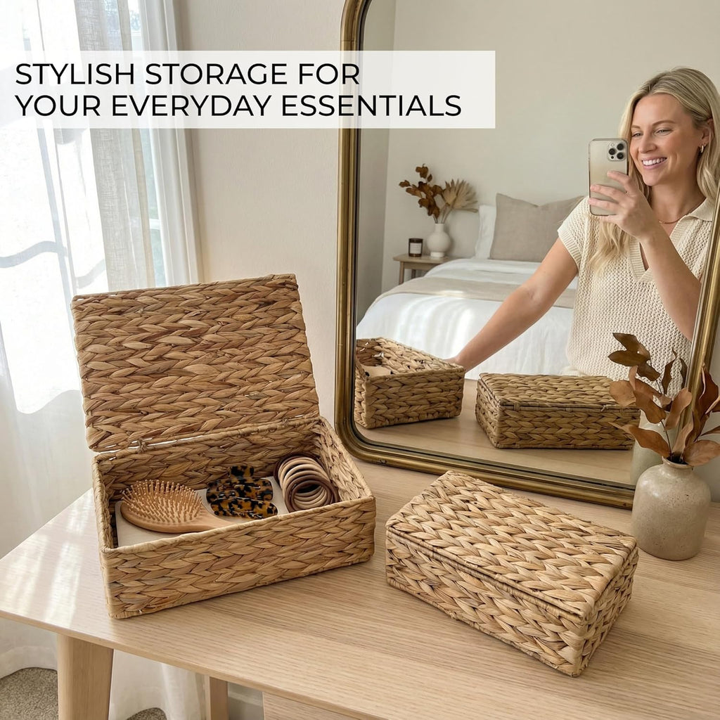 Decorative Storage Boxes with Lids Wicker Organizer Shelf Bins - Set of 2