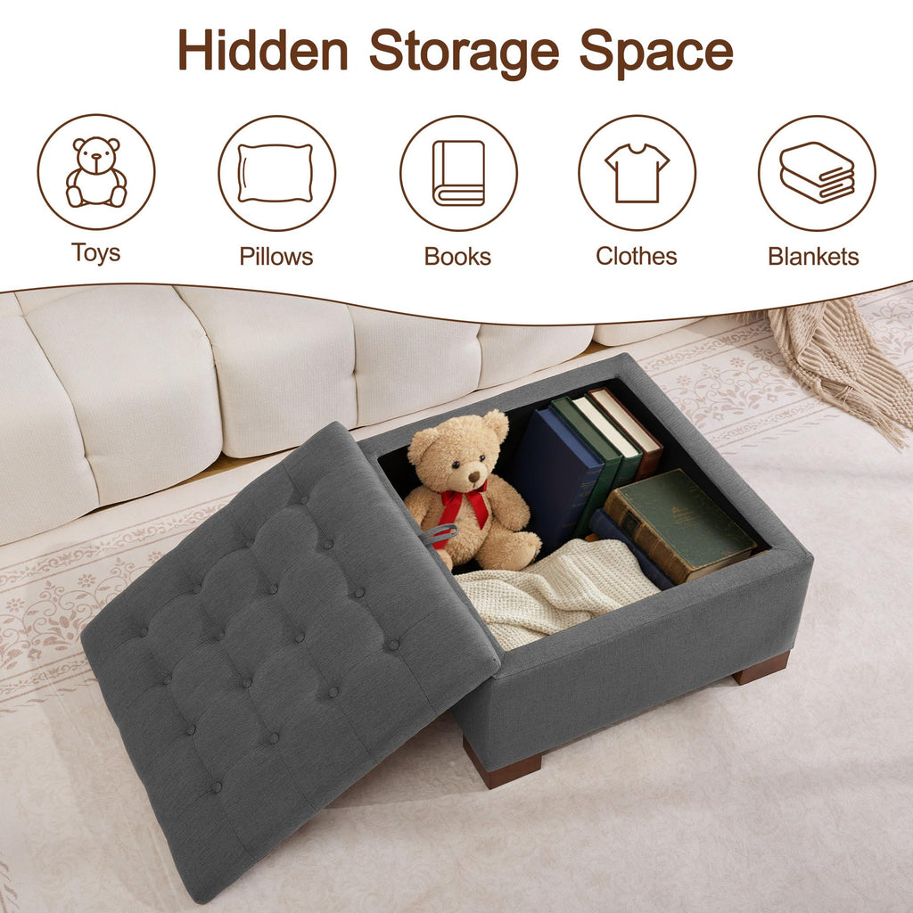 30" Fabric Square Storage Ottoman with Wooden Tray, Modern Tufted Button Footstool Coffee Table, Upholstered Large