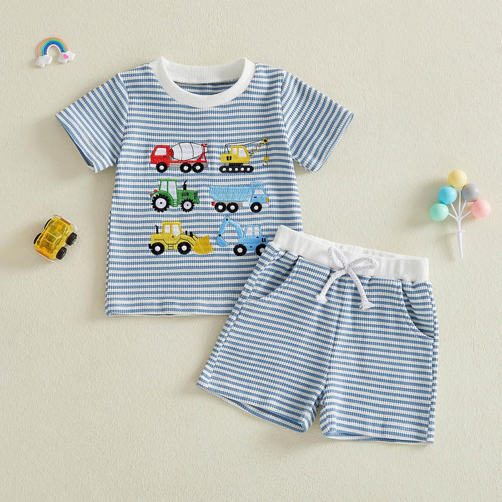 Toddler Baby Boy Summer Clothes Waffle Truck Embroidery Short Sleeve Tops T-Shirt and Shorts Sets Cute 2Pcs Outfits