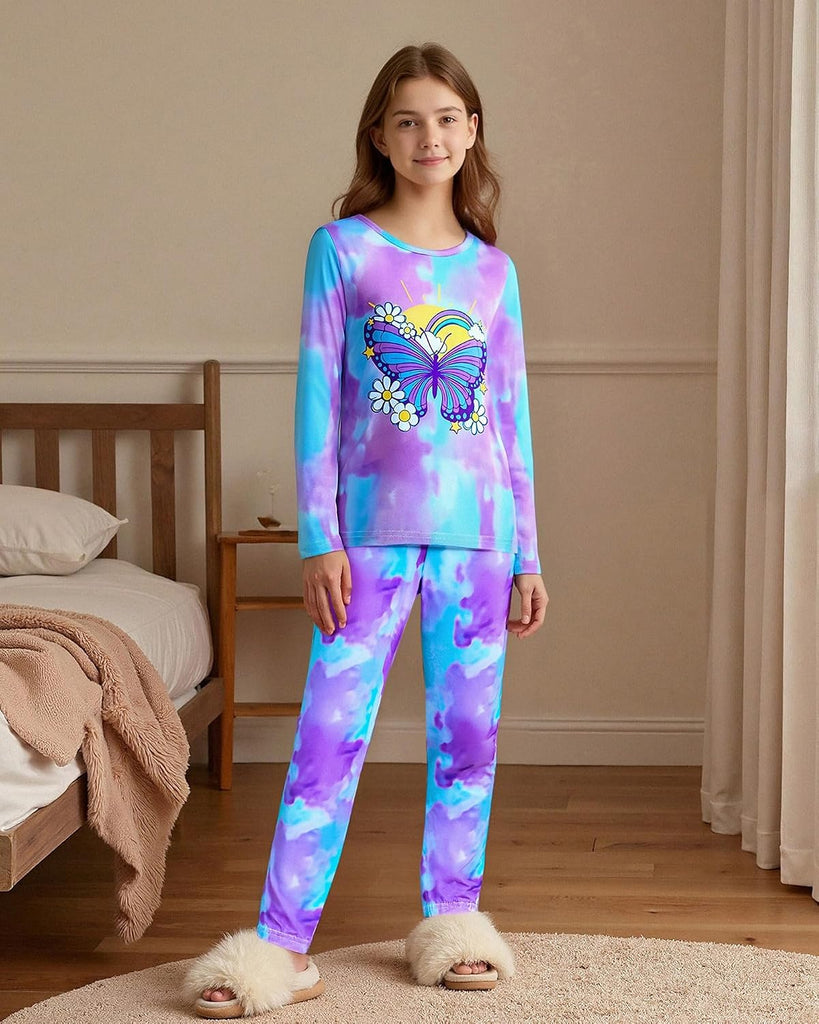 Girls Pajama Set Long Sleeve Top Long Pants Pajamas Kids Tie Dye Cute Pattern Pj Sets Sleepwear