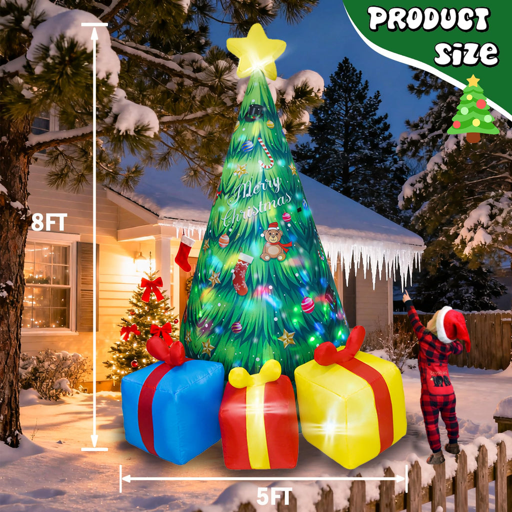8FT Giant Christmas Inflatable Tree with Rotating LED Lights Inside, Animated Blow Up Xmas Tree with 3 Gift Boxes