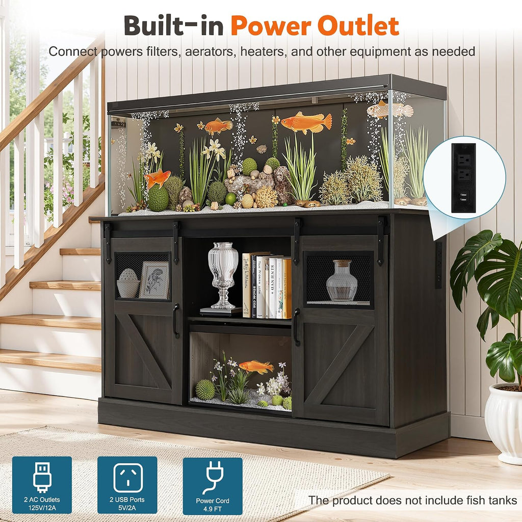 55-75 Gallon Fish Tank Stand with Power Outlet & Sliding Barn Doors