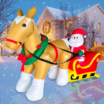 7FT Christmas Inflatables Santa Claus on Sleigh with a Horse Decorations, LED Lighted Xmas Christmas Blow up Yard