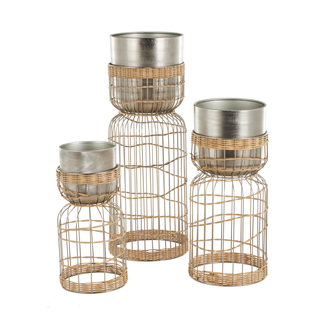 Metal Indoor Planter Textured Dome Large Planter Pot with Woven Rattan and Caged Rod Pedestal Base, Set of 3 Planters