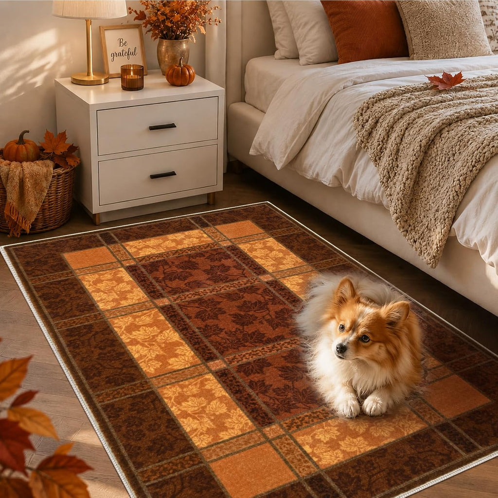 Fall Area Rug, Plaid Washable Rugs Orange