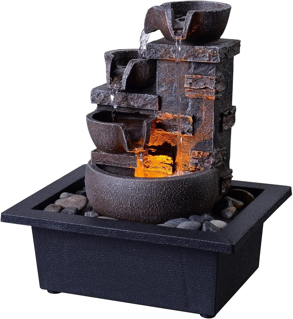 Décor Desktop Fountain - 10" 4-Tier Design with Imitation Stone, Indoor Waterfall Tabletop River Rocks & Resin