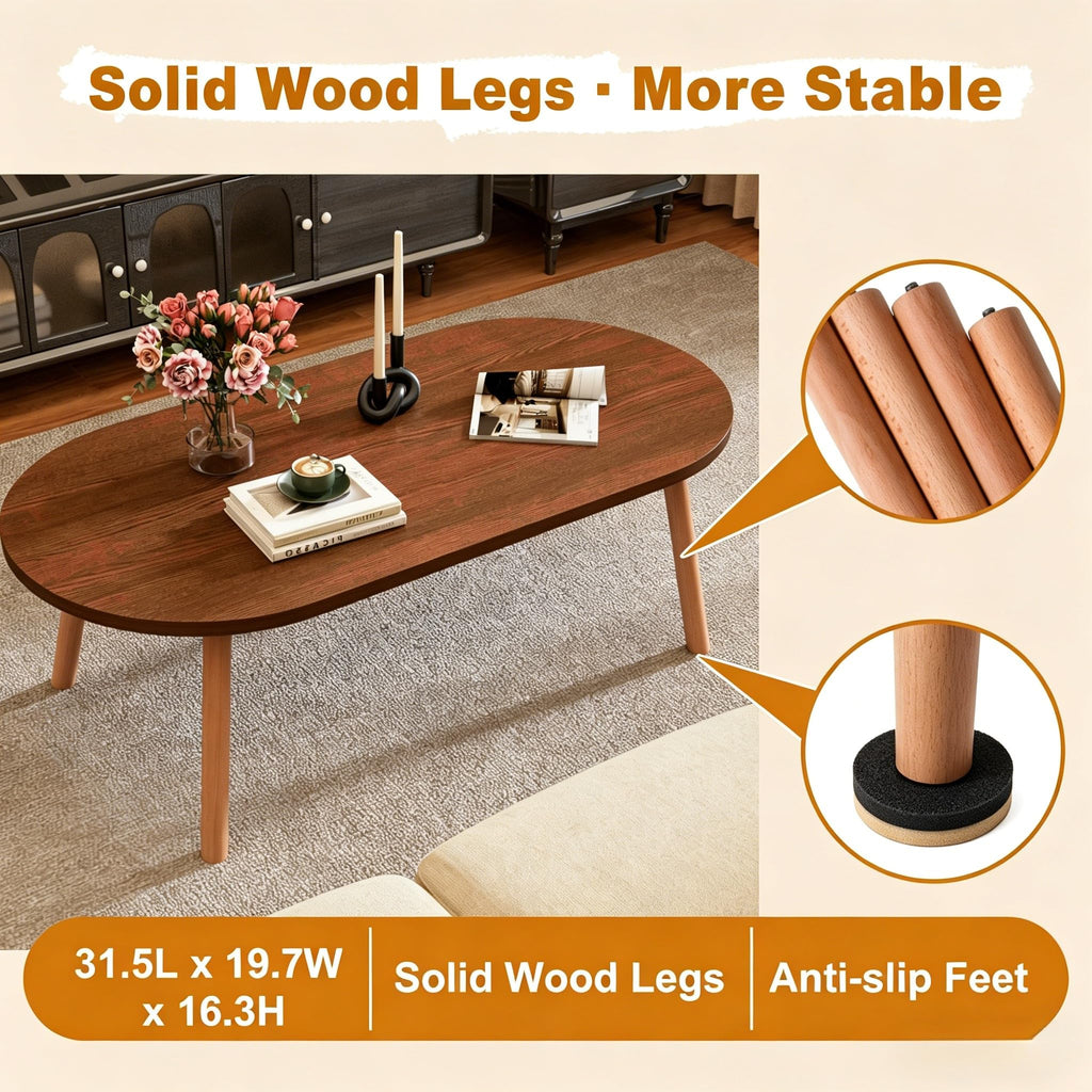 Coffee Table, 31.5" Oval Low Coffee Tables with Solid Wood Legs Walnut