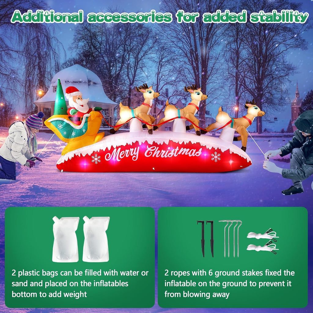 Christmas Inflatables 10 FT Long Santa Sleigh and Reindeer Decor