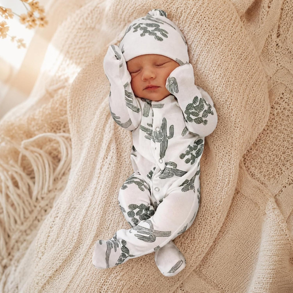 Newborn Baby Bodysuit Piece Set | Cactus Print Romper & Hat Outfit | Cotton Soft Unisex Jumpsuit (0-18 Months)