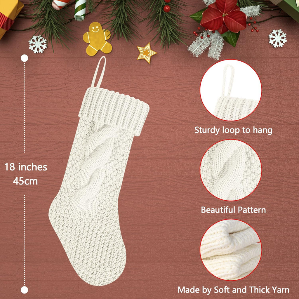 Ivory and Green Cable Knit Christmas Stockings Bulk Family Vintage Xmas Stockings for Fireplace Hanging 20" Long,4