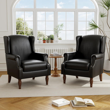 Faux Leather Wingback Accent Chairs with Wood Legs, Black, Set of 2