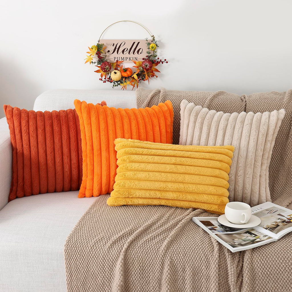 Faux Fur Fall Throw Pillow Covers 22x22 Set of 2, Burnt Orange