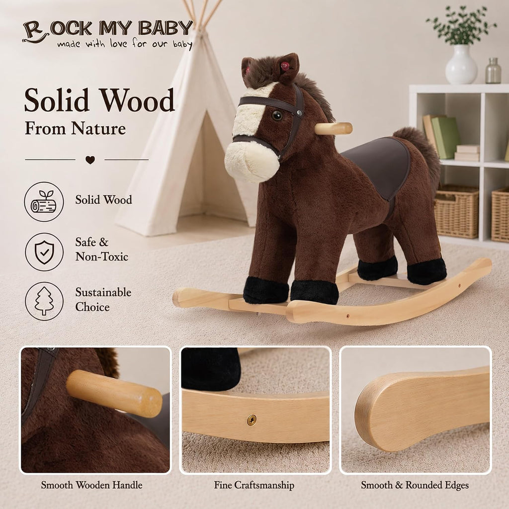 My Baby Rocking Horse, Dark Brown Horse Rocker for Toddlers 18M+, Plush Ride on Horse Toy with Realistic Sound,Soft