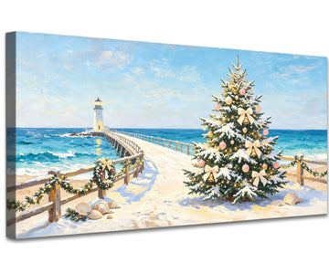 Coastal Christmas Wall Art, Rustic Beach Canvas Prints Holiday Tree Pictures, Vibrant Winter Seaside Painting Ocean