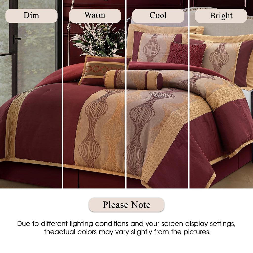 Wine Gold 7 Pieces Lightweight Microfiber Bed-in-a-Bag Comforter Bedding Set, Jacquard Queen Comforter Set, All