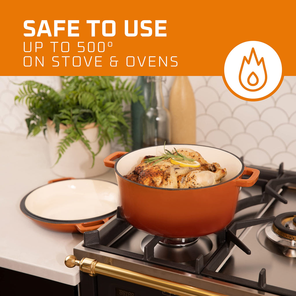 2-in-1 Enamel Cast Iron Dutch Oven With Handles - Crock Pot Pumpkin Spice Orange Cast Iron Pot with Skillet