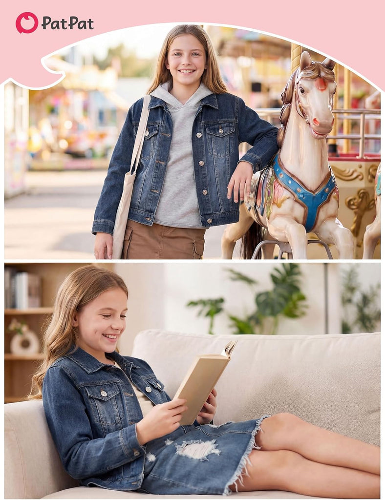 Girls Jean Jacket Long Sleeve Front Button Collared Denim Outerwear