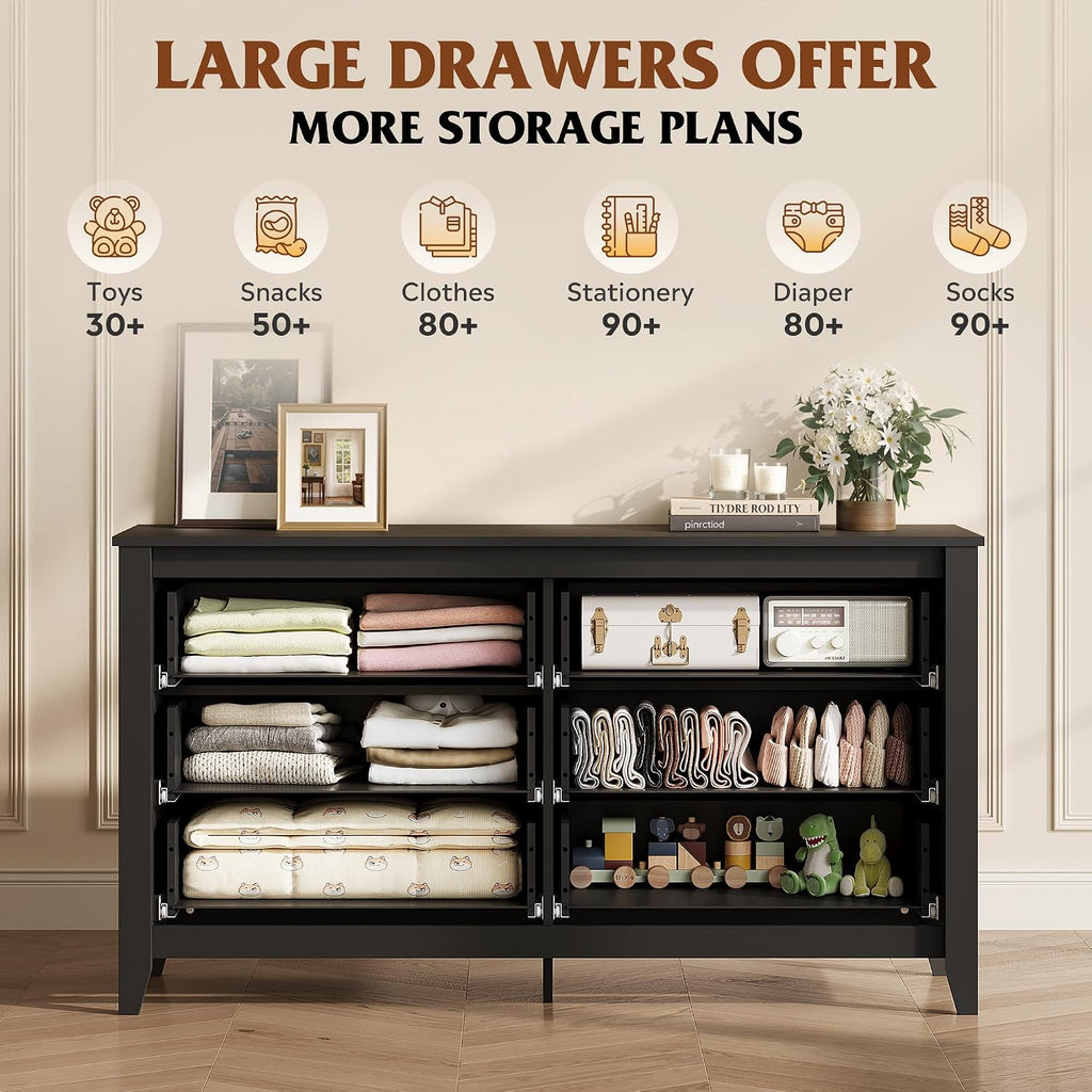 Black Dresser 6 Drawers , Wood Dresser TV Stand for 55" TV | SGS-Tested Large Wooden Chest of Drawers with Metal