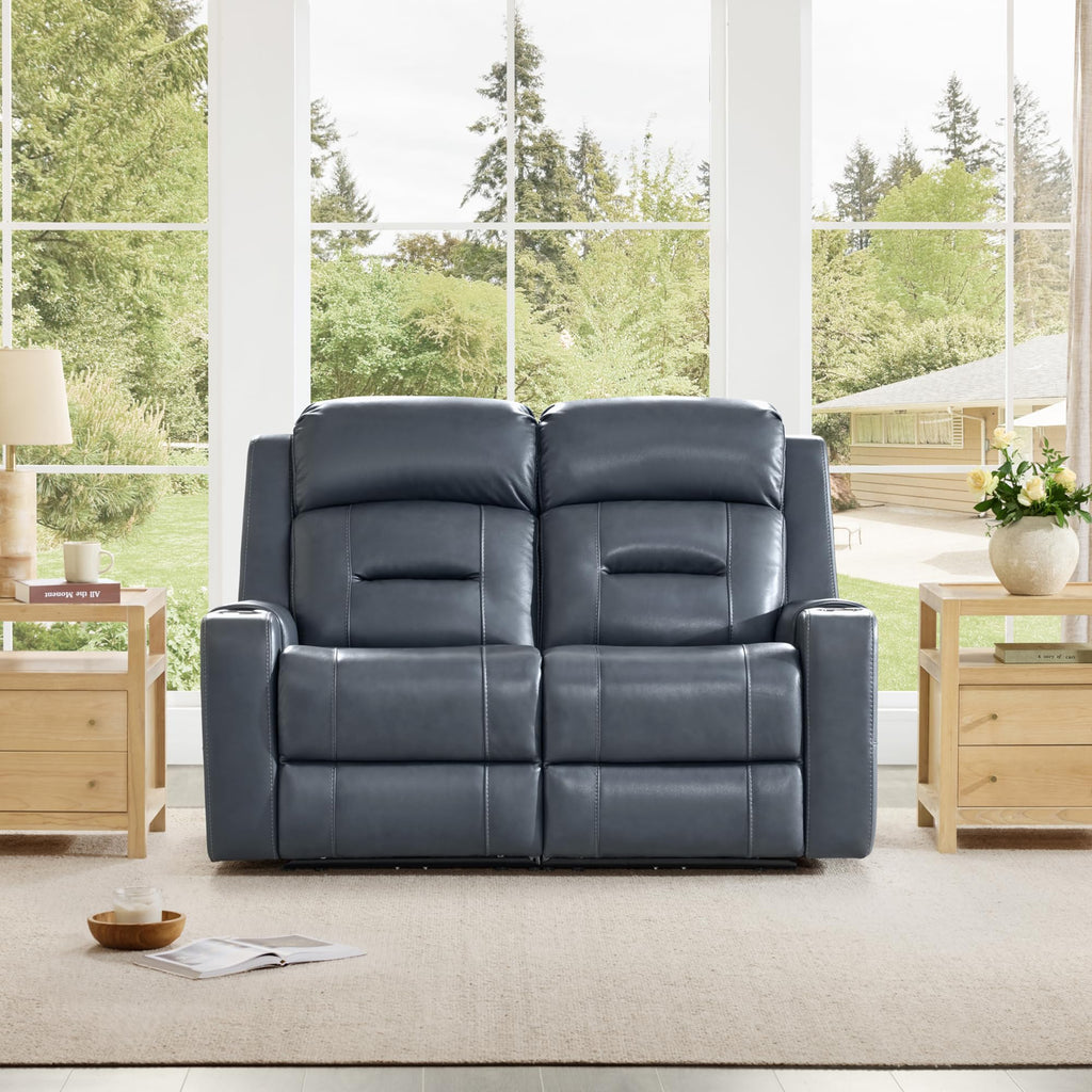 Genuine Leather Lay Flat Power Reclining Loveseat, Navy