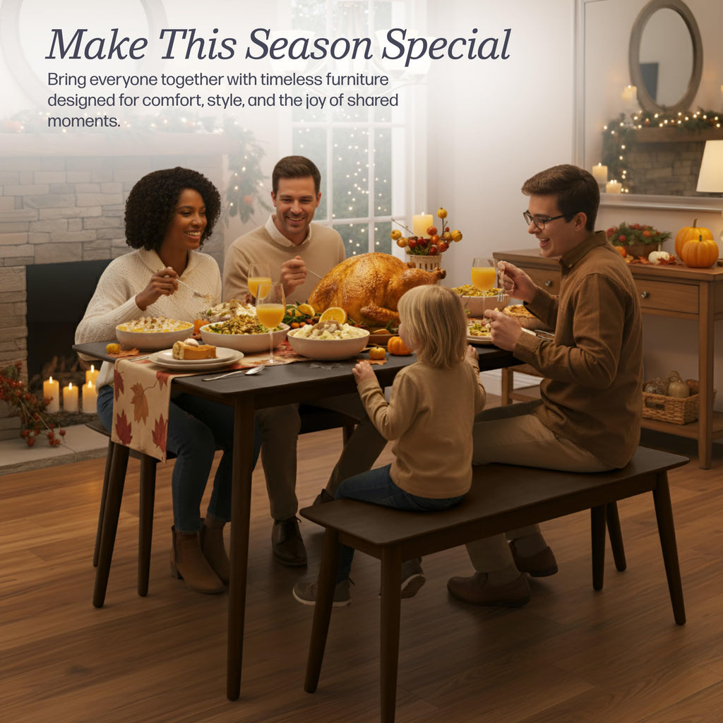 Calais Wooden Dining Table Set for 4 with Benches, Warm Walnut