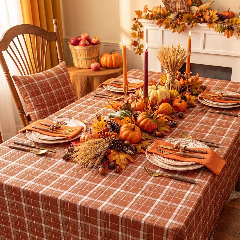 Fall Checkered Tablecloth Rectangle, Orange, 54 x 80 Inch