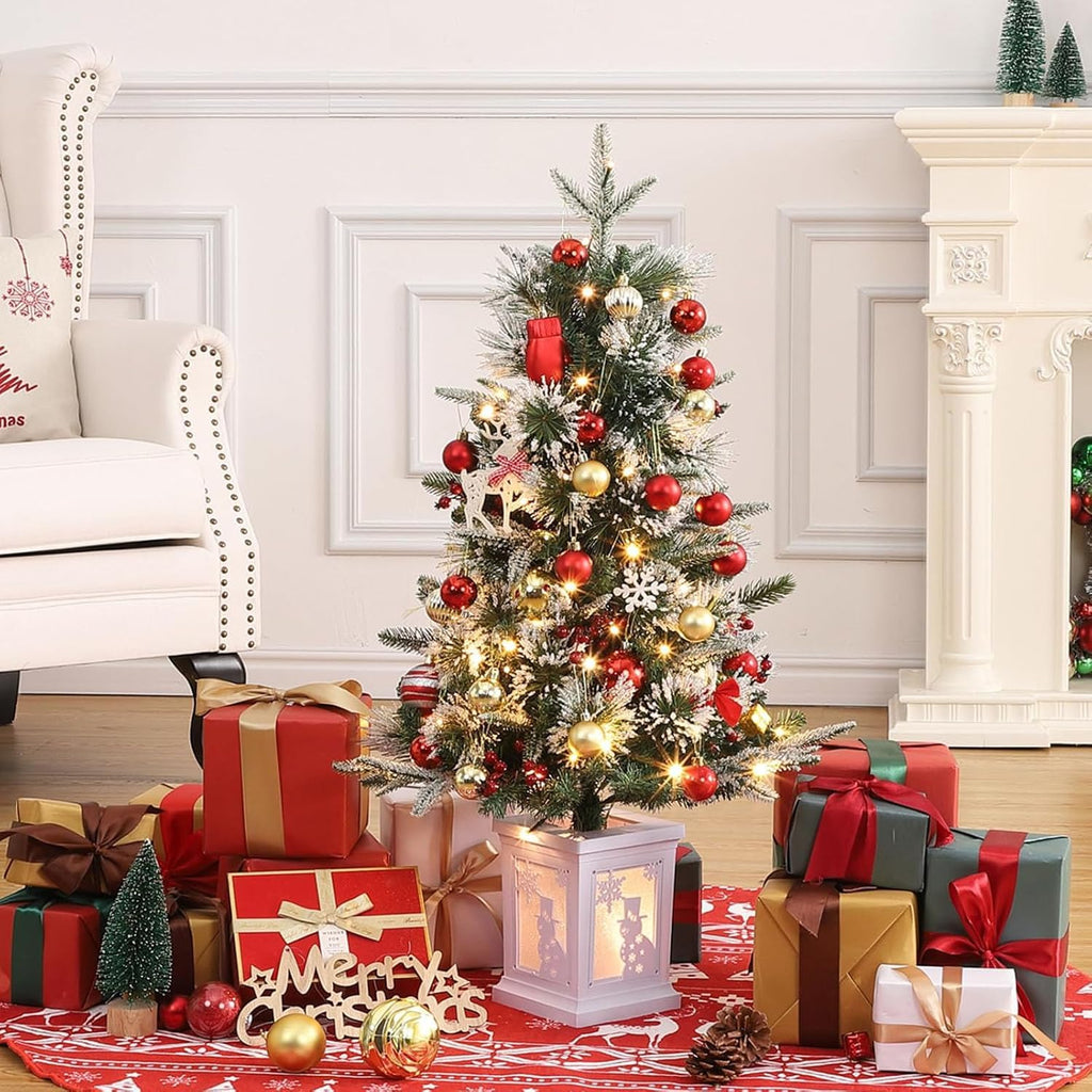 3ft Pre-Lit Holiday Christmas Tree, Artificial Christmas Tree with Timer Function and Led Lights, Snowman and Red