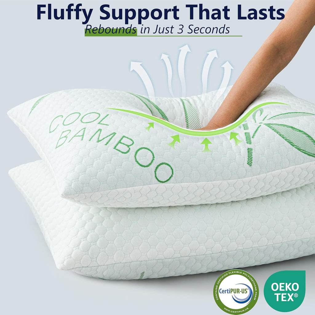 Cooling Pillows, Shredded Memory Foam Pillows Standard Size Set of 2 Adjustable Firm Bamboo Bed Pillows for Hot