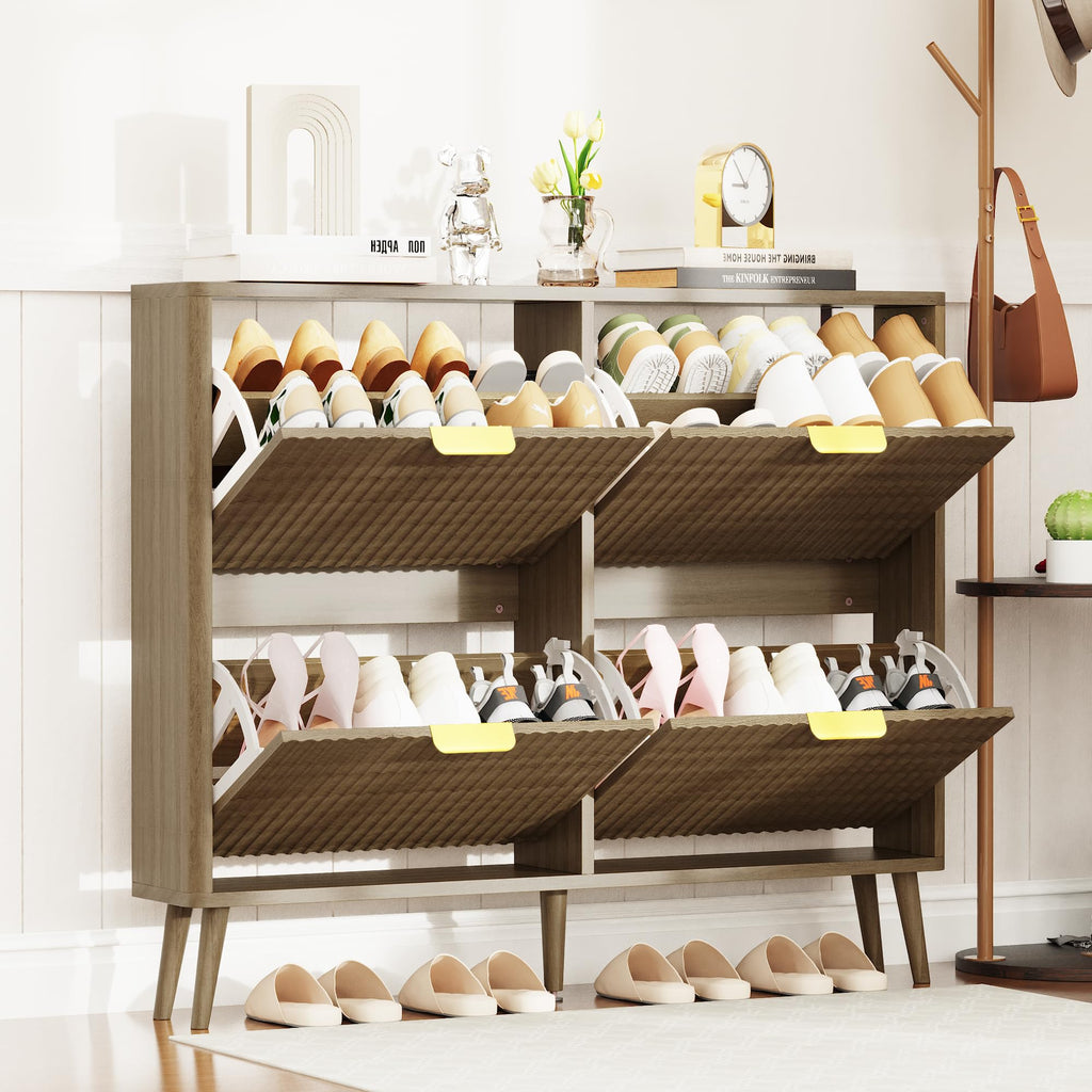 Narrow Shoe Storage Cabinet, Shoe Cabinet with 4 Flip Drawers, Freestanding Shoe Organizer with Legs, Slim Shoe Rack