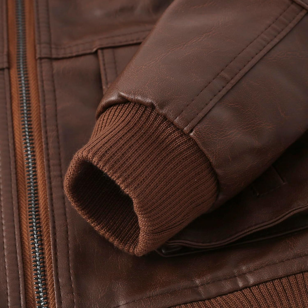 Kids Brown Vintage Style Aviator Quilted Faux Leather Jackets Boys Warm Padded Biker Motorcycle Bomber Pu Leather
